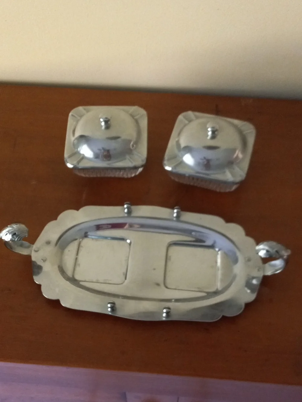 Continental Chrome Double Glass Condiment Server with Tray and Lidded Bowls